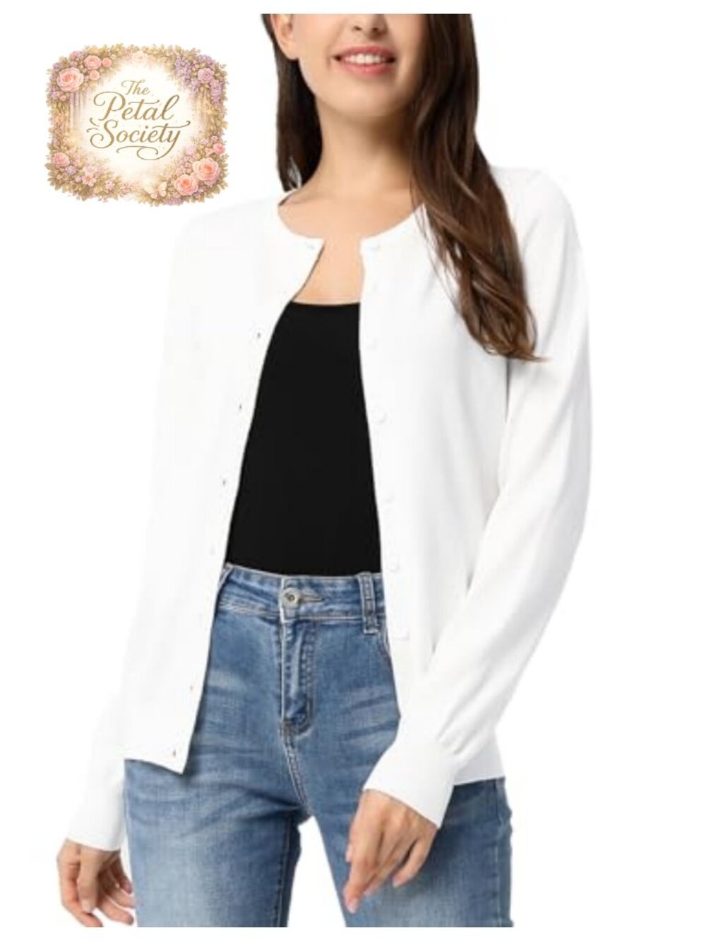 Knit Cardigan Button Down Crew Neck Long Sleeve Lightweight Layering Women